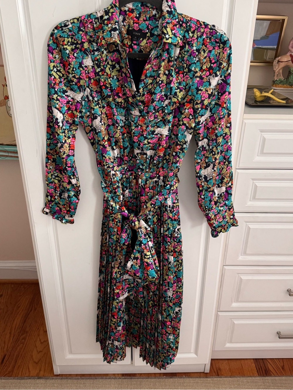 JCrew pleated skirt midi dress, grazing goats print, size 0 like new